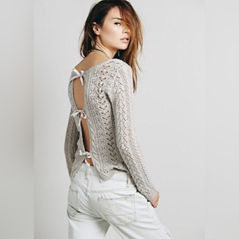 Free People Beige Knit Tie-Back Sweater